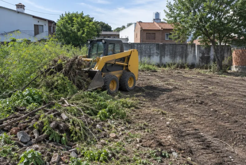 Minicargadora limpiando un lote baldío con maleza