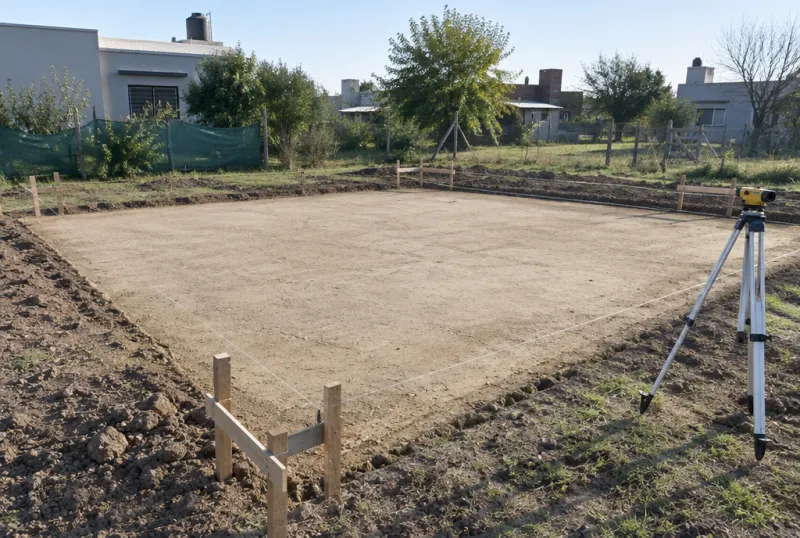 Base de tosca compactada y nivelada para una platea
